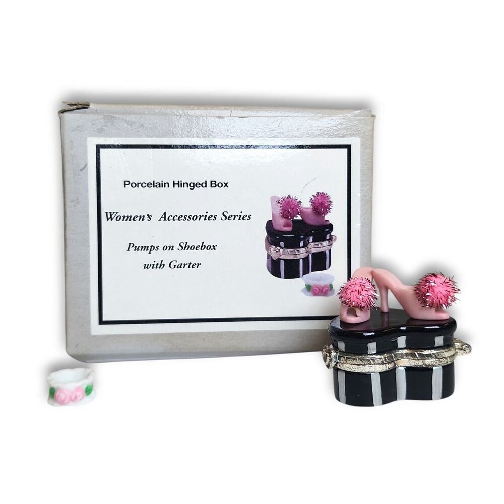 New Porcelain Trinket Box Pink Pom Pom Pumps High Heel Shoes with Garter